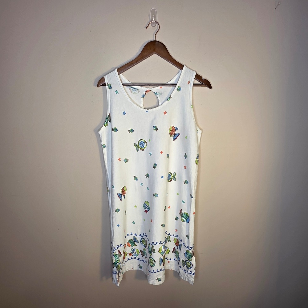 On White Cotton Sleeveless Dress Womens Medium Fish Print Beach Coastal Cruise